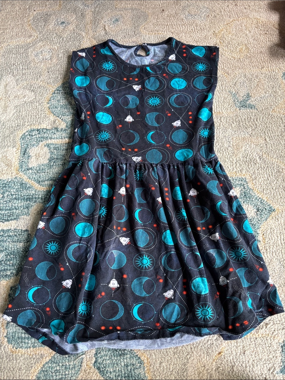 Girls Black and Teal Space-Print Sleeveless Casual Dress